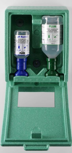 AUGEN-NOTFALLSTATION in Wandbox/Spiegel, mit 1 x 200 ml (pH neutral) 1 x 500 ml Flaschen