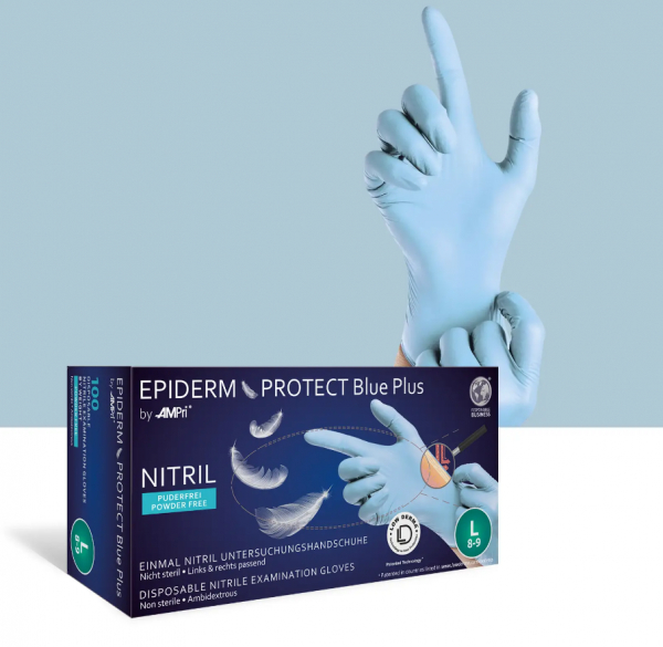 AMPRI-Epiderm Protect BLUE PLUS by MED-COMFORT, Nitril-Untersuchungshandschuh, puderfrei, blau, Gr. XS -XL