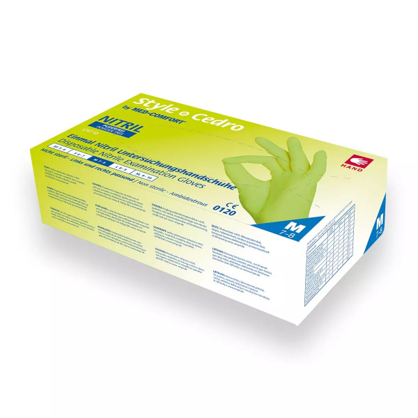 AMPRI-STYLE CEDRO by Med-Comfort Einmal-Nitril-Schutz- und Untersuchungshandschuh, gelb, ungepudert, VE= 10 Boxen  100 Stck