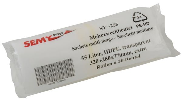 PL-Mehrzweckbeutel, HDPE, ca. 55 ltr., mit PP-Band, 320 + 280 x 770 mm, 20 Rollen x 20 Stck, transparent
